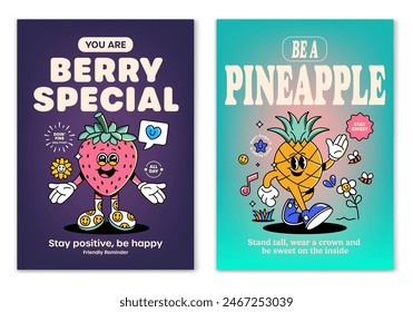 Retro cartoon walking smiled Strawberry and Pineapple mascot character surrounded by smiled elements and motivation lettering. Illustration for t-shirt print or poster design. Vector illustration