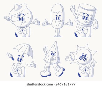 Retro cartoon walking smiled summer vintage groovy characters design set. Sun, Ice cream, cocktail, watermelon, lifebuoy. Retro character, hippie 70s style. Vector illustration isolated on background