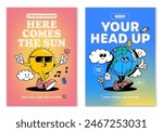 Retro cartoon walking smiled Sun and Ice Earth mascot character surrounded by smiled elements and motivation lettering. Illustration for t-shirt print or poster design. Vector illustration