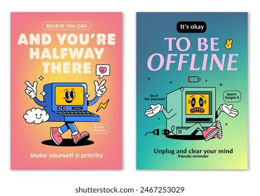 Retro cartoon walking smiled vintage PC and sad Computer mascot character surrounded by smiled elements and motivation lettering. Illustration for t-shirt print or poster design. Vector illustration