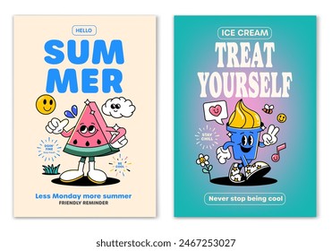 Retro cartoon walking smiled Watermelon and Ice Cream mascot character surrounded by smiled elements and motivation lettering. Illustration for t-shirt print or poster design. Vector illustration