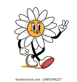 Retro cartoon walking smiling daisy flower mascot showing two fingers - peace sign. Walking flower character in vector illustration in vintage retro style. 