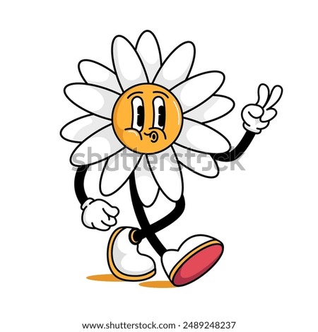 Retro cartoon walking smiling daisy flower mascot showing two fingers - peace sign. Walking flower character in vector illustration in vintage retro style. 