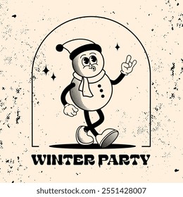 Retro cartoon walking smiling mascot Snowman Christmas and New Year. Vector illustration of mascot in trendy vintage retro style