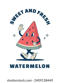 Retro cartoon watermelon character for packaging, print, poster. Vintage tropical fruit mascot Vector illustration. 