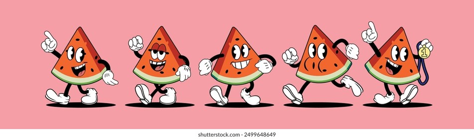 Retro cartoon watermelon mascot set. A collection of colorful funny cartoon characters, 1930s, 1940s, style. Watermelon in different poses, smiling. Vintage cartoons, vector illustration