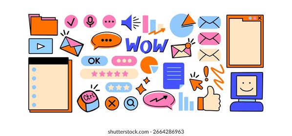 Retro cartoon web and computer icons set in 90s Memphis style. Old PC, browser windows, geometric frames, and Y2K user interface elements. Colorful doodle comic vector for digital promo and banners.