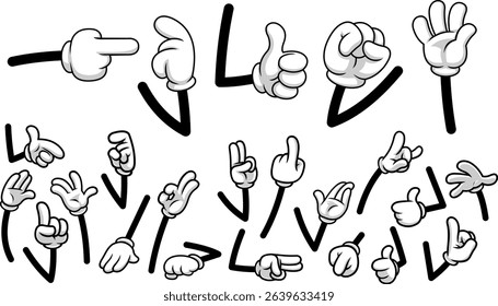 Retro Cartoon White Gloves Character Hands In Various Gestures And Poses – Vector Hand Drawn Collection Set Isolated On Transparent Background