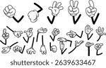 Retro Cartoon White Gloves Hands Collection In Expressive Gestures And Arm Poses – Vector Hand Drawn Collection Set Isolated On Transparent Background