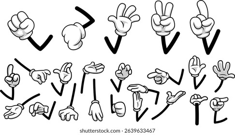 Retro Cartoon White Gloves Hands Collection In Expressive Gestures And Arm Poses – Vector Hand Drawn Collection Set Isolated On Transparent Background