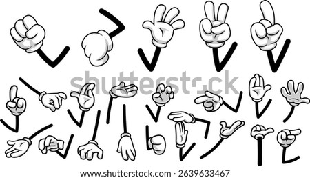 Retro Cartoon White Gloves Hands Collection In Expressive Gestures And Arm Poses – Vector Hand Drawn Collection Set Isolated On Transparent Background