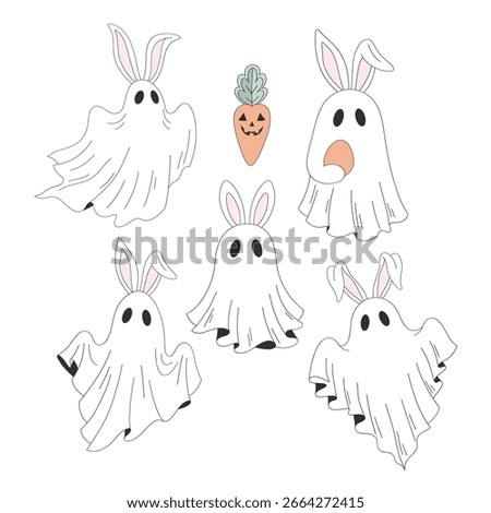 Retro cartoon white sheet ghost Easter bunnies and carrot jack o lanterns in Easter meets Halloween vector illustration set isolated on white. Great for holiday greeting cards, quirky party