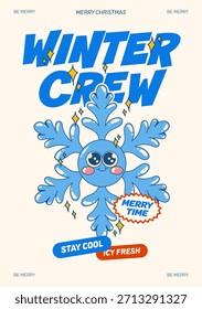 Retro cartoon winter snowflake character poster with bold blue typography