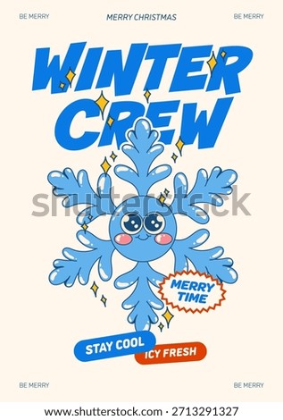 Retro cartoon winter snowflake character poster with bold blue typography