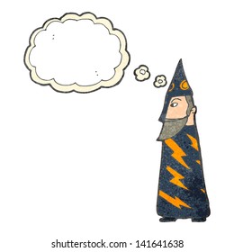 retro cartoon wizard with thought bubble