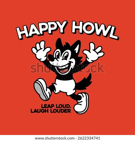 Retro Cartoon Wolf Mascot Jumping with Joy, Vintage Style Character Illustration