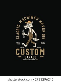 Retro Dibujos Animados Lobo Mecánico Garaje Personalizado Máquinas Clásicas Plantilla de camiseta gráfica