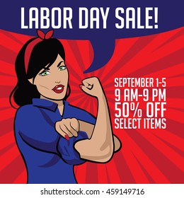 Retro cartoon woman Labor Day Sale background design. EPS10 vector.