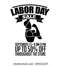 Retro cartoon woman Labor Day Sale background design. EPS10 vector.