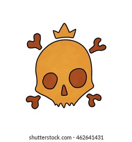 Retro cartoon yellow skull with crown and bones. Bizarre head from hell.