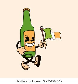 A retro cartoon-style beer bottle with a flag, a smiling character, designed as a St. Patrick's Day mascot