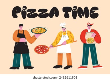 Retro cartoon-style characters of pizzeria set. Chef man cooking pizza, waitress, couriers delivering food vector illustration. People working in restaurant, kitchen elements collection