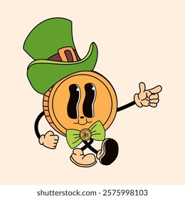 A retro cartoon-style coin with a green hat and bow tie, designed as a St. Patrick's Day mascot