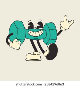 A retro cartoon-style dumbbell character with a groovy 70s-inspired design. Playful, colorful, and funky, perfect for vintage fitness and sports themesr