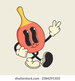 A retro cartoon-style ping pong racket character with a groovy 70s inspired design. Playful, colorful, and funky, perfect for vintage sports and fun athletic themes