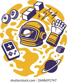 A retro cartoon-style space illustration featuring a yellow astronaut helmet, robotic glove, game console, coins, and cubes floating in a colorful cosmic swirl.