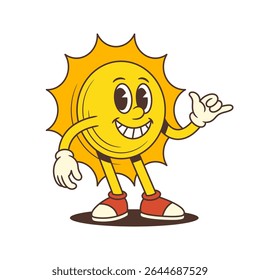 Retro cartoon-style sun mascot standing confidently while smiling and making a hang loose hand gesture with gloved hand. Suitable for branding, summer designs, and youth content. Vector illustration