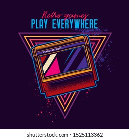 Retro cartridge from 8-bit consoles. Vector illustration in neon style.