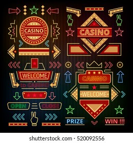 Iconos de casino retro, punteros, flechas.Señales de neón. Ilustración vectorial de un conjunto de elementos luminosos