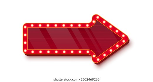 Retro casino light sign with red glass surface and golden bulbs around edges on white background. Circus, cinema, theater banner with place for text. UI interface element. Vector illustration.