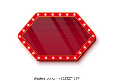 Retro casino light sign with red glass surface and golden bulbs around edges on white background. Circus, cinema, theater banner with place for text. UI interface element. Vector illustration.