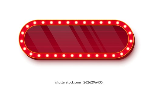 Retro casino light sign with red glass surface and golden bulbs around edges on white background. Circus, cinema, theater banner with place for text. UI interface element. Vector illustration.