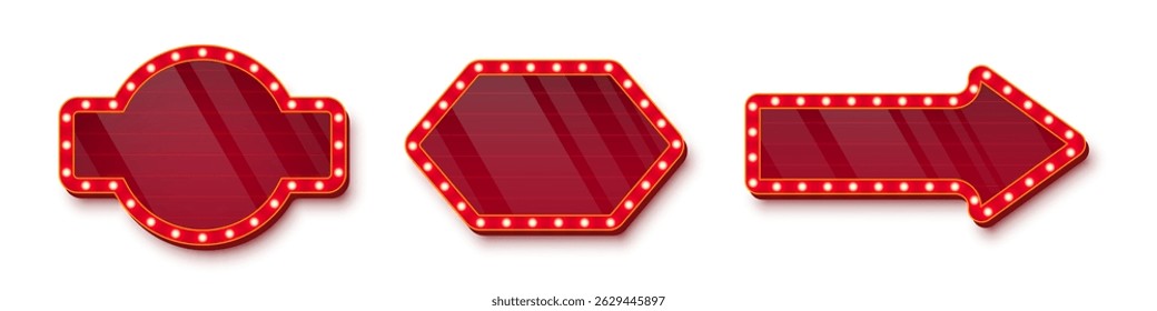 Retro casino light signs with red glossy glass surfaces and golden bulbs around the edges on white background. Circus, cinema, theater banners. Vector illustrations set.