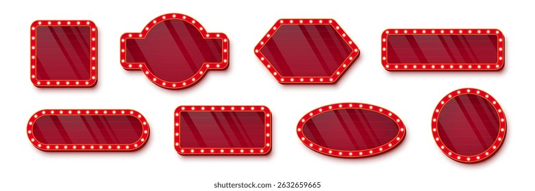 Retro casino light signs with red glossy glass surfaces and golden bulbs around the edges on white background. Circus, cinema, theater banners of various shapes. Vector illustrations set.