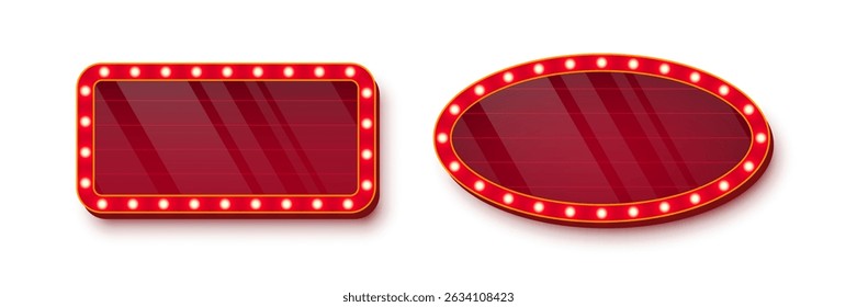 Retro casino light signs with red glossy glass surfaces and golden bulbs around the edges on white background. Circus, cinema, theater banners of oval and rectangular shapes. Vector illustrations set.