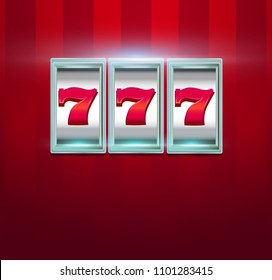 Retro casino machine with lucky seven signs on red background with empty space for custom text. Slot machine with jackpot. Vector illustration.