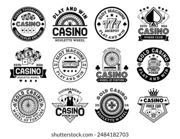 Vector de insignia de logotipo monocromo de casino y póquer retro aislado. Diseño de Vector de logotipo de casino y juegos de azar Antiguas. Antiguas elemento de diseño para el casino y el juego en el fondo blanco