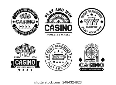 Retro casino and poker monochrome logo sign badge vector collection. Vintage gambling and casino logo vector design. Set of vintage design elements for casino and gambling