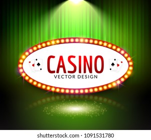 Retro casino sign light. Vector casino billboard design neon banner. Signboard on curtains.