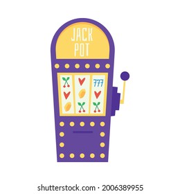 Retro casino slot machine - purple jackpot game with fruit graphics and side lever isolated on white background. Vintage arcade gaming equipment, vector illustration.