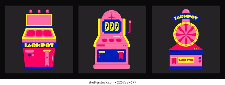 Retro casino slot machines 90s style. jackpot, gambling, winning. cartoon illustration