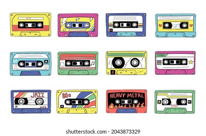 Retro cassette. 90s audio tape of rock and pop songs mix. Vintage compact stereo player. Jazz musical hits mixtape. Multimedia record equipment. Vector 80s disco style elements set