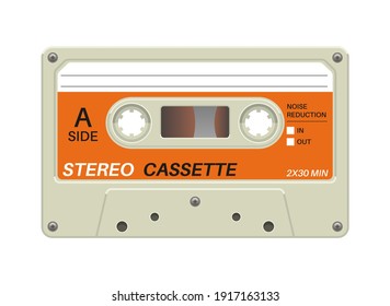 Retro cassette. Audio equipment for analog music records. Blank stereo tape. Isolated plastic musical device. Old-fashioned mixtape of tunes and songs. Vector hipster multimedia tool with copy space