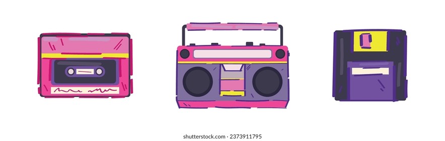 Retro cassette with boombox and floppy disc on white background