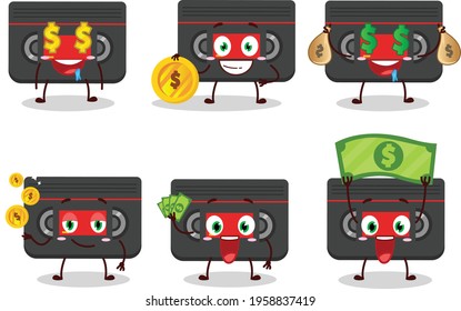 Retro cassette cartoon character with cute emoticon bring money