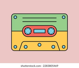 Concepto de cassette retro. Inventario multicolor para escuchar música y almacenar archivos de audio. Equipo estéreo de medios. Etiqueta vintage para medios sociales e impresos. Dibujo vectorial plano de dibujos animados